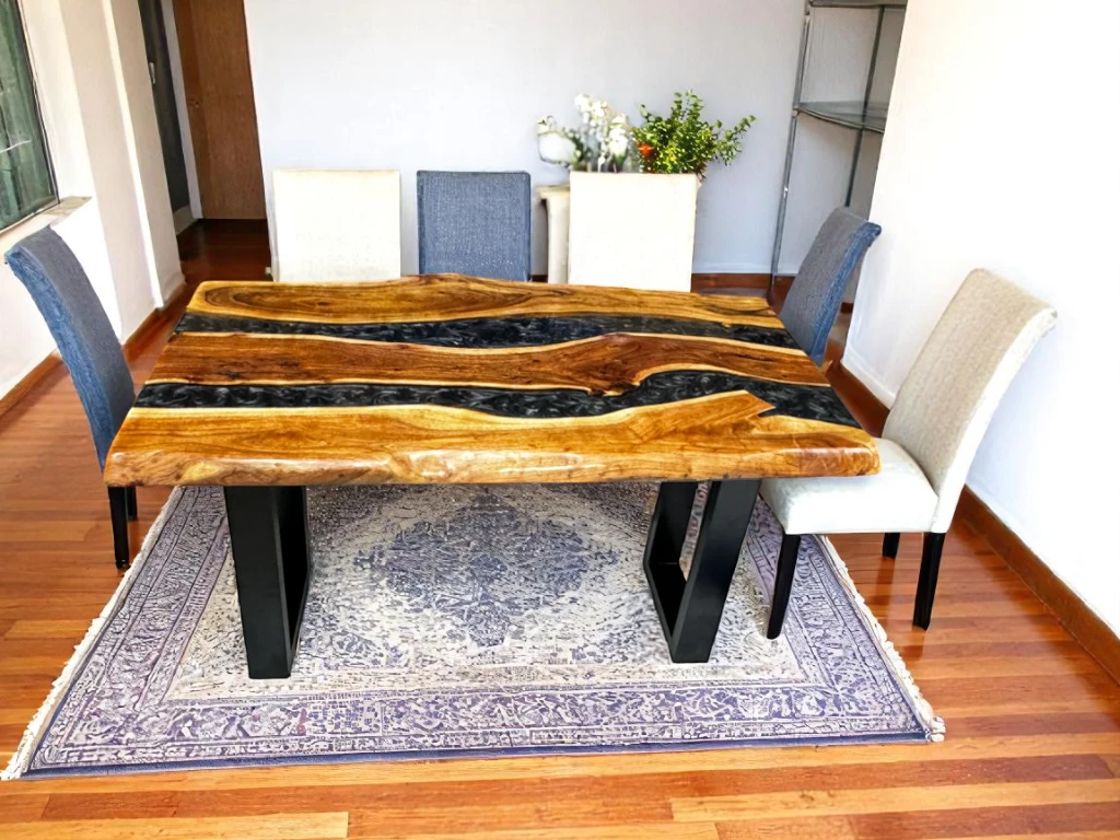 Live Edge Epoxy Dining Table Black with Metal Legs